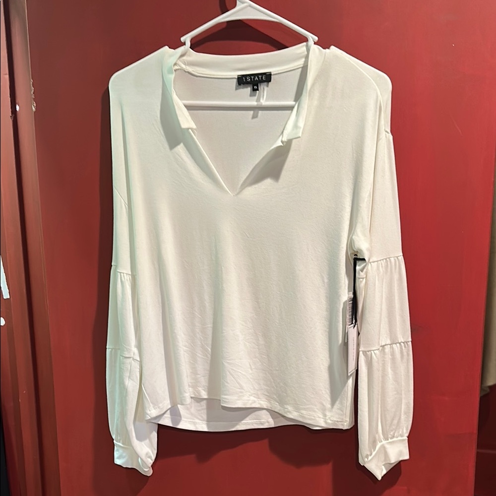 1. State Cream Cuffed Sleeve Blouse with Notched Collar